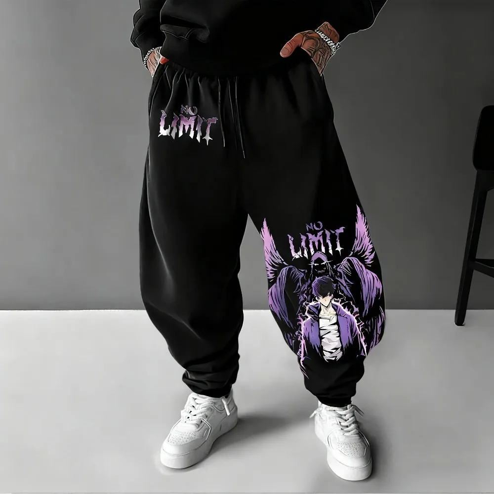 سولو التسوية أنيمي المطبوعة الرجال Sweatpants 2025 الخريف والشتاء جديد فضفاض عادية الأمريكية الهيب هوب سراويل قطنية نقية