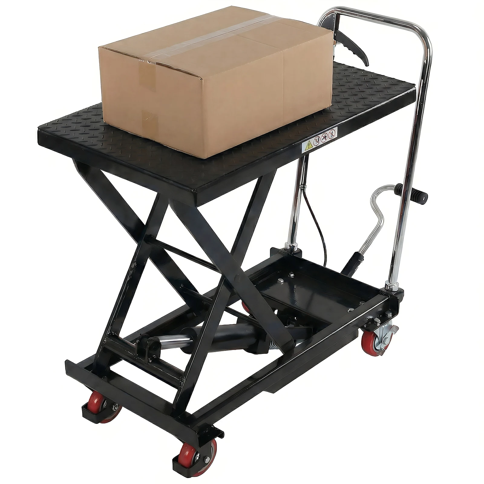 

Ручной однозаказоножный подъемный стол-платформа грузоподъемностью 150 кг, высота подъема 71 см, с противоскользящими накладками и 4 колесами