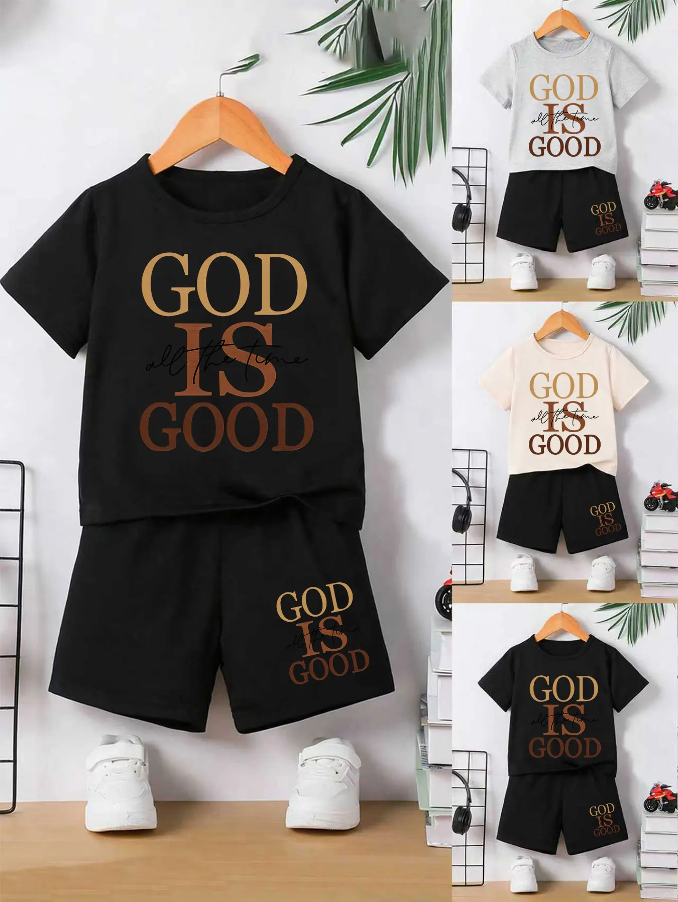 Ensemble de vêtements d'été doux et confortables pour garçons, avec imprimé lettres 'Warm Faith', ensemble assorti pour tout-petits garçons