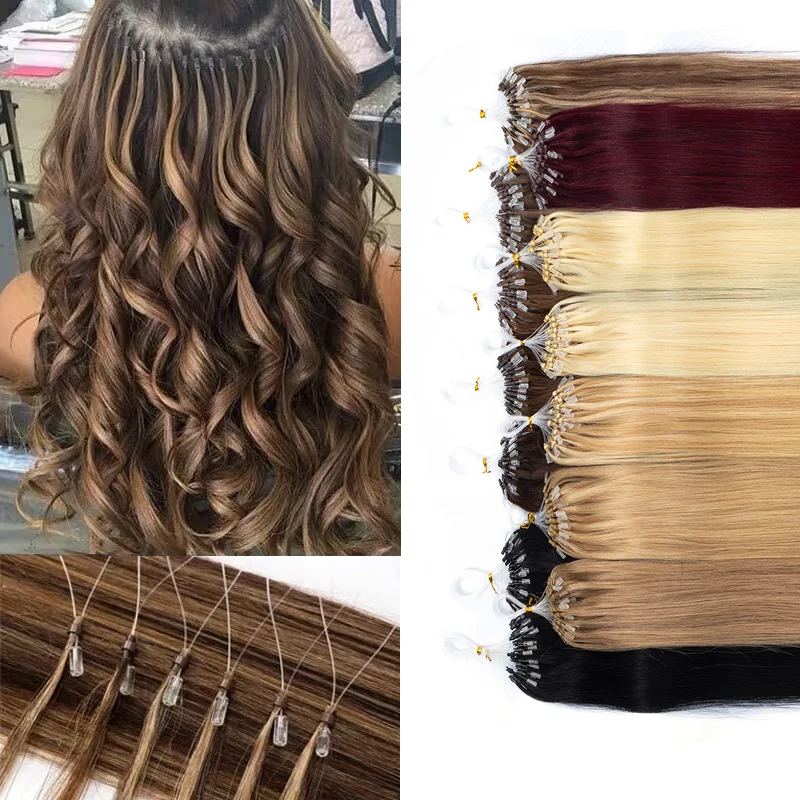 Micro Loop Human Hair Extensions Micro Beads Hair Silky Soft Micro Ring Hair Extensions 50 Strands/Pack 12-20inch Full End