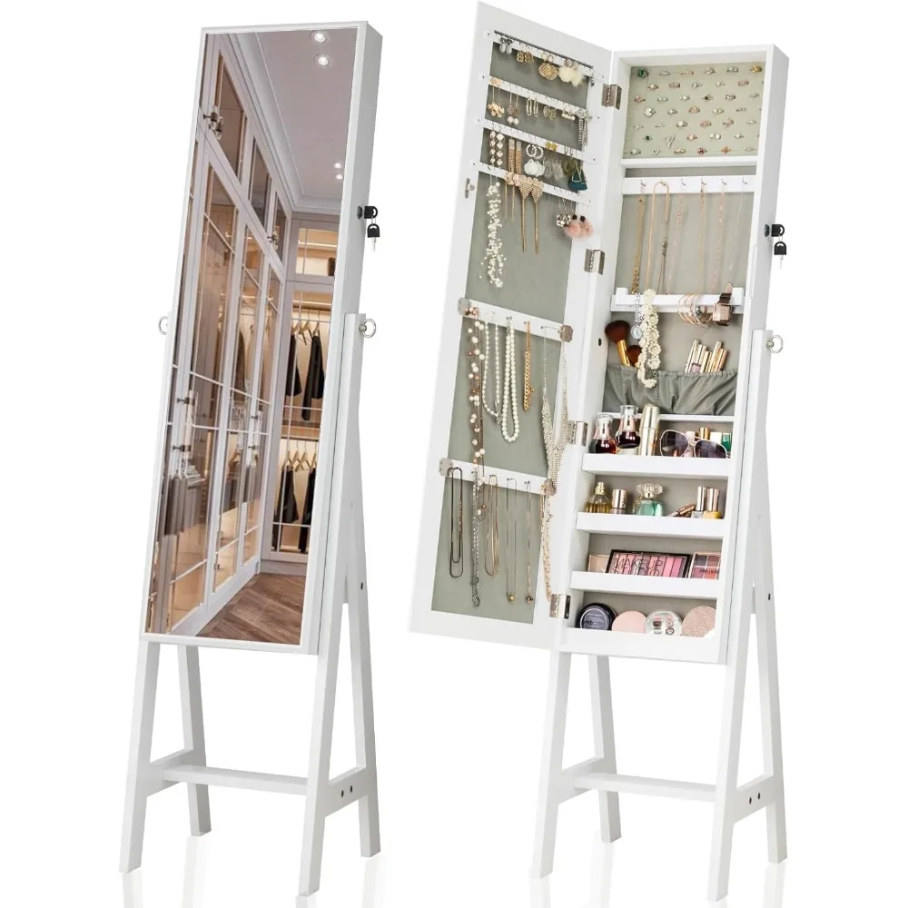 

Jewelry armoire Mirror with Storage, Mirror Jewelry cabinet Standing, Jewelry Mirror Organizer Full Length Lockable, White