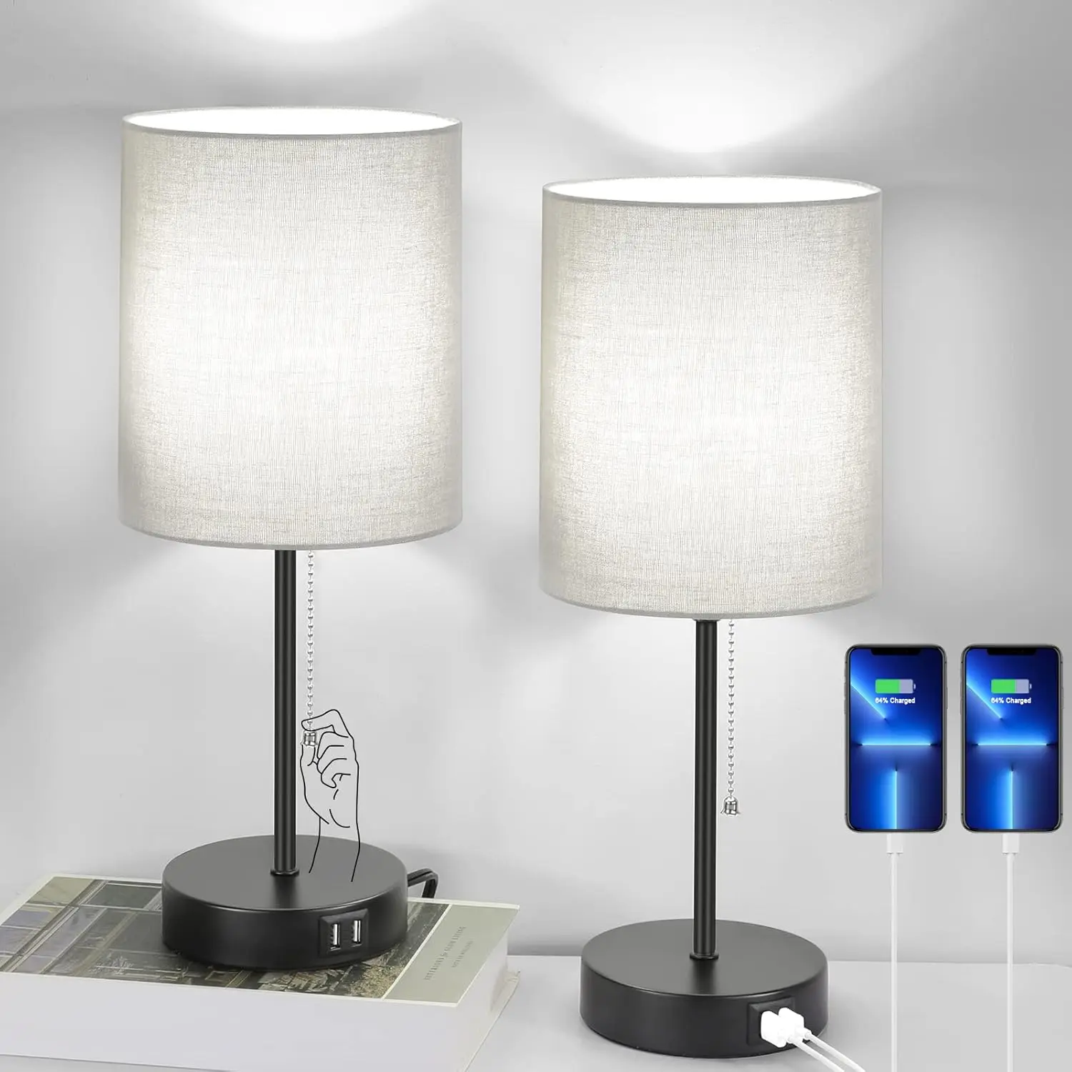

2-Pack Table Lamps with USB & Outlet, Pull Chain, Fabric Shade, Grey