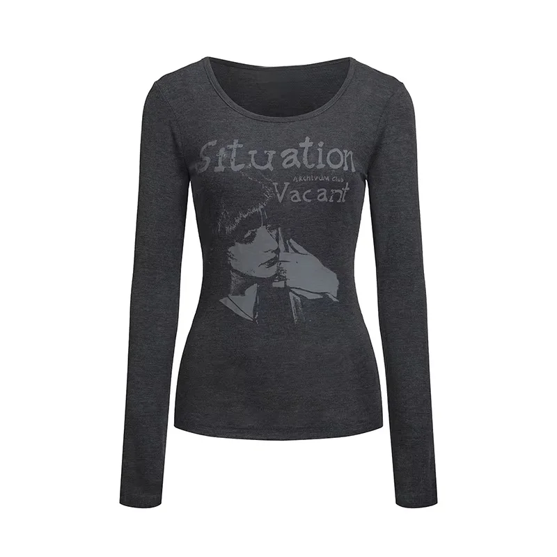 Damen Y2K Vintage Grafik-Langarmshirt mit tiefem U-Ausschnitt, Retro-Porträtdruck, schmal geschnitten, Grunge-Casual-T-Shirt – Detail 8