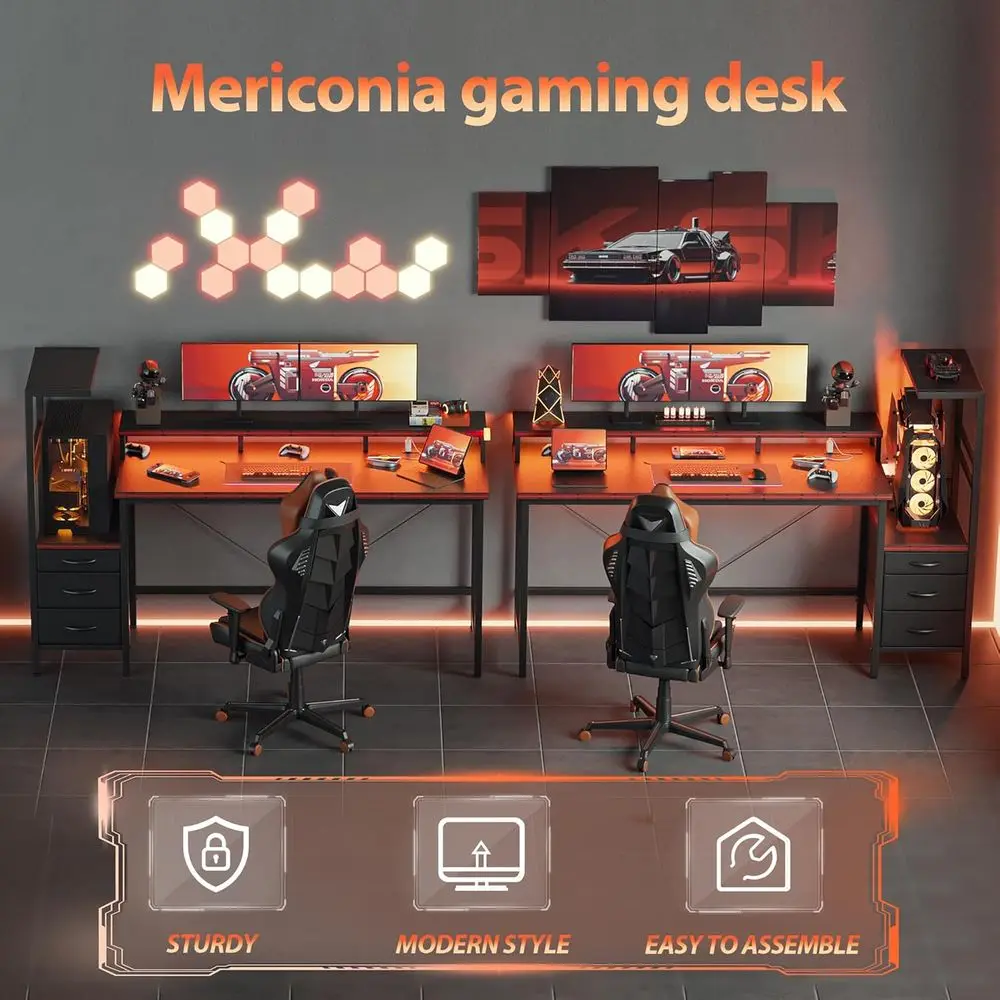 60 Reversible Gaming Desk with LED Lights, Storage, and Power Outlets