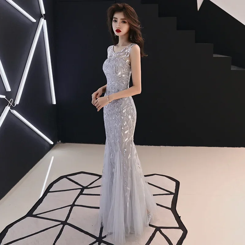 Ofallsis O neck Sleeveless Banquet Evening Dress Summer New Elegant Celebrity Style Host Long Slim Fit Fish Tail Dresses