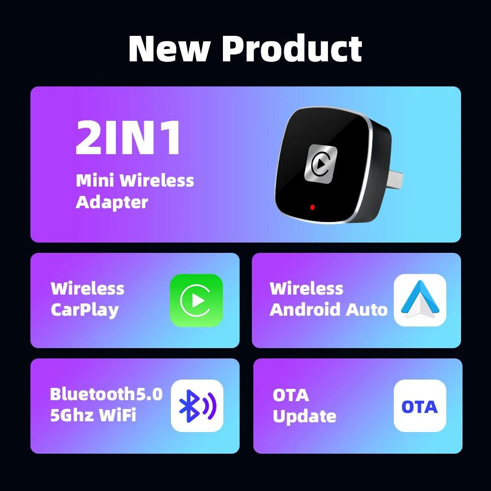 2-in-1 Kabelgebundener zu Kabelloser CarPlay-Adapter Android Auto Dongle Smart AI Box Hochwertiges Auto-Zubehör Intelligentes System – Detail 2