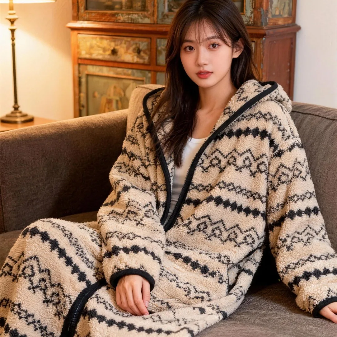 Pajamas Nightgowns Long-Sleeve Hooded Zipper Sweatshirts Warm Fleece Thick Winter Women's Outerwear Printed Versatile Casual1