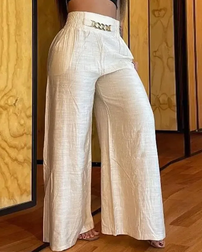 Women\'s High Waist Wide Leg Pants, Elegant Chain Decor, Black Trousers, Casual Clothes, White, Summer