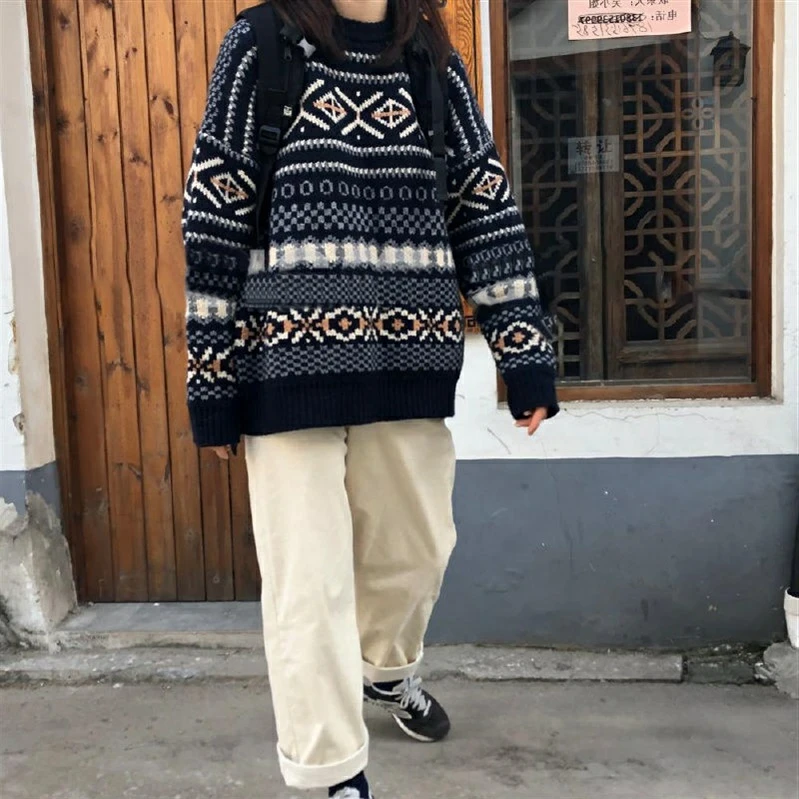 Women Pullovers Aztec Jacquard Knit Jumper Vintage Cozy Grandpa Sweater Aesthetic Winter Outfit