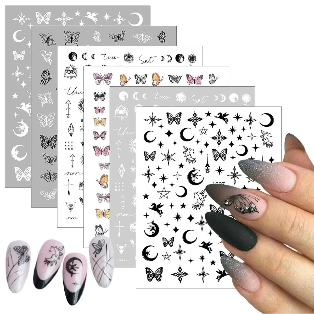 

3 Sheets Butterfly Moon Star Nail Art Stickers, Cosmic Design Butterflies, Stars, DIY Black and White Nail Decals for Women