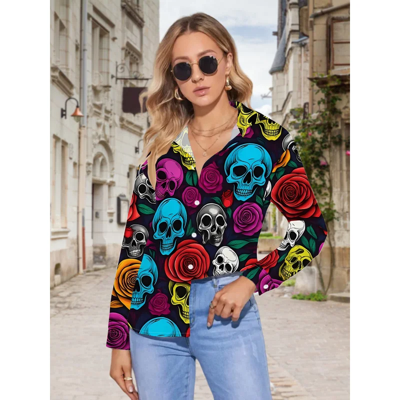 New Women'S Casual Long-Sleeve Shirt with Colorful Skull Patterns, Dark Yet Vibrant, Perfect for Holiday Gatherings AndVersatile