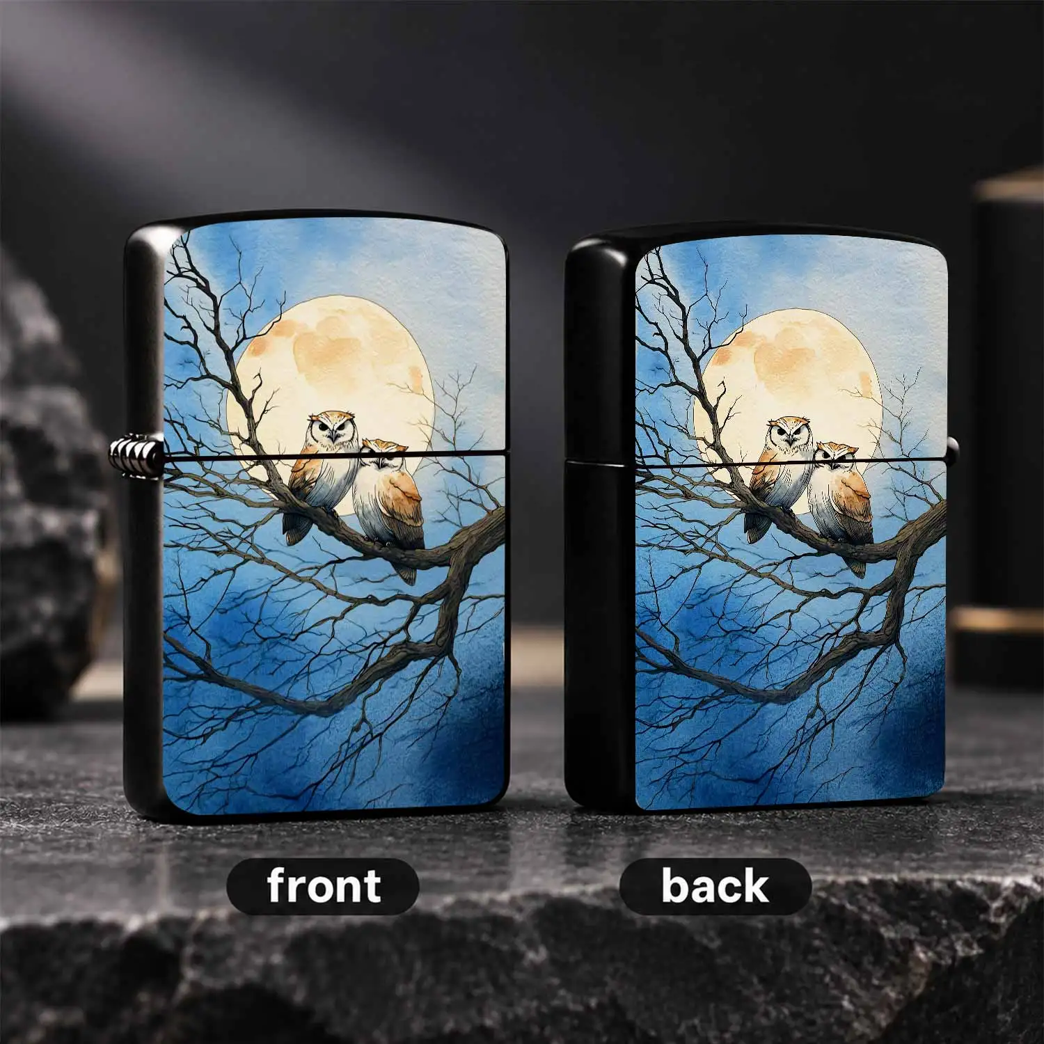 Creative Night Full Moon Two Owls On Bare Branch Lighter, Artistic Watercolor Painting Style Decorative Igniter, Portable Delicate Practical Tool For Daily Outdoor Camping Hiking, Festive Holiday Gifting Present For Nat A Humorous And Inter