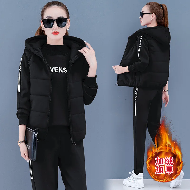 4XL Winter Women Sportswear Tracksuit Thick Fleece Warm Hoodie Sweatshirt+vest+pant Running Jogger Fitness Casual Set Sport Suit