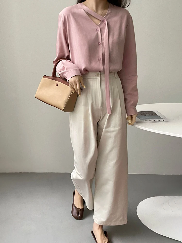 [EAM] Women Purple Big Size Chiffon Blouse New V-neck Ribbon Long Sleeve Loose Fit Shirt Fashion Tide Spring Autumn 2024 1DH4473