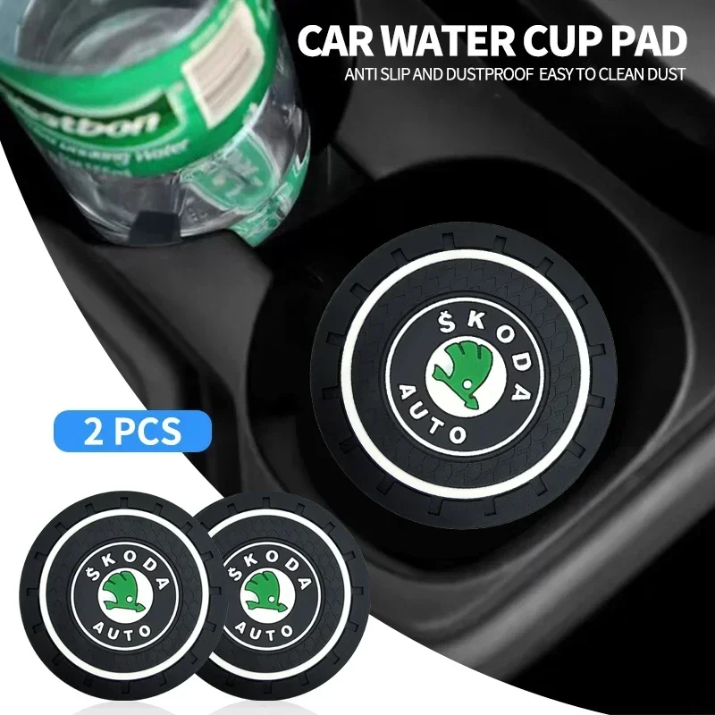 1/2Pcs For Skoda Octavia RAPID Superb Fabia Kodiaq Kamiq Karoq Car Coaster Water Cup Bottle Holder Mat Anti-Slip Pad Car Decor