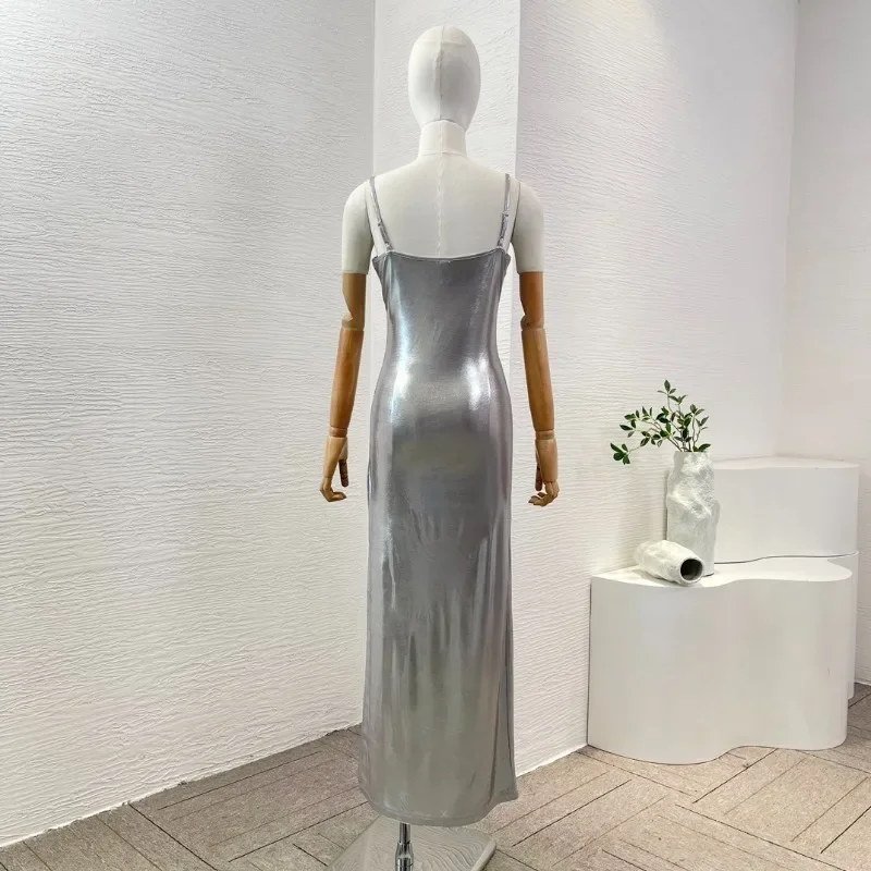 Vestido Midi plateado ajustado sin mangas con dobladillo y abertura para mujer, vestido elegante de alta calidad para vacaciones de verano, regalos de fiesta, 2024