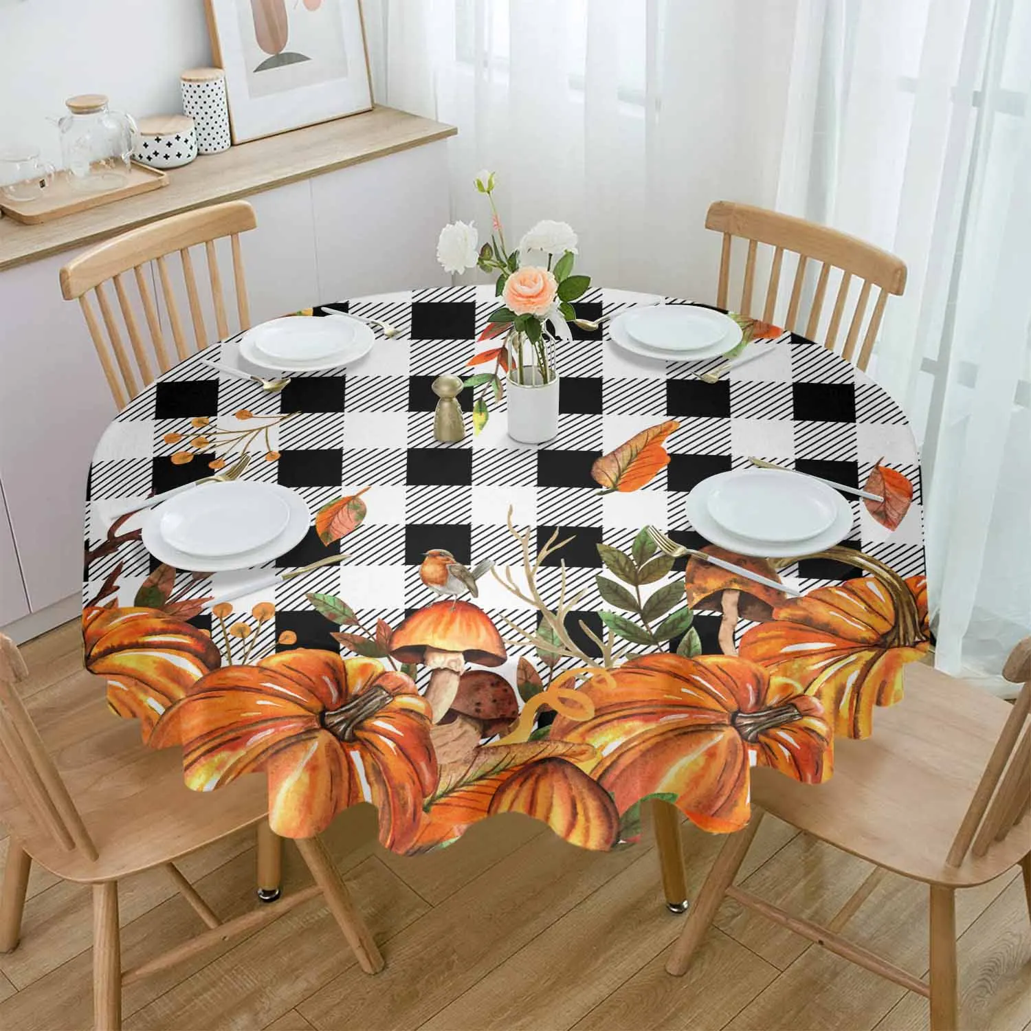 

Autumn Thanksgiving Pumpkin Waterproof Tablecloth Tea Table Decoration Round Table Cover For Kitchen Wedding Home