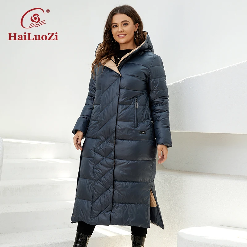 HaiLuoZi New 2022 Women\'s Coat Long Knee Length Thick Warm Belt Zipper Quilting Classic Hooded Parkas Winter Jackets Women 6037