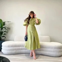 Customized Fluffy Sleeves Short Formal Prom Dress O-Neck Pleated Modern Style Satin Evening Dress Customized Dress 2024