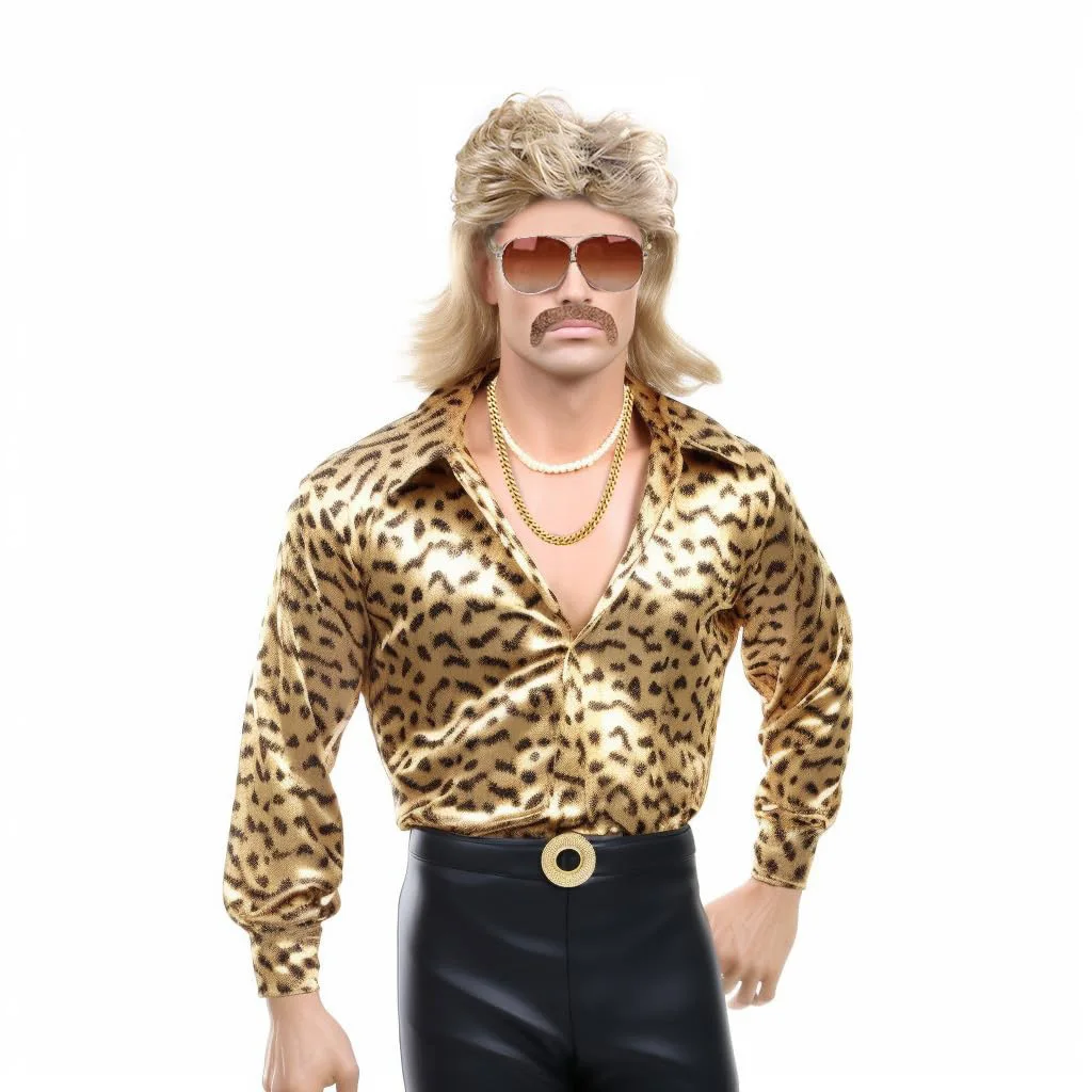 80s Disco Synthetic Wig Set Golden Brown Wigs Sunglasses Gold Chain Mustache for Men Retro Rock Halloween Party Fancy Accessory view 6