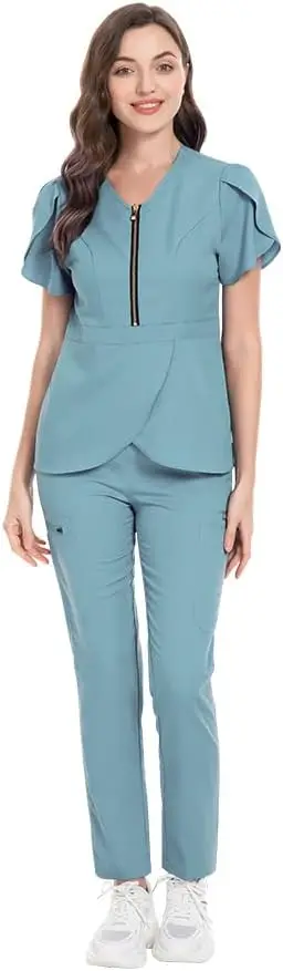 Niaahinn Conjunto de exfoliante elástico con cuello en V y pantalones para correr, uniforme médico para enfermera, ropa de trabajo para mujer