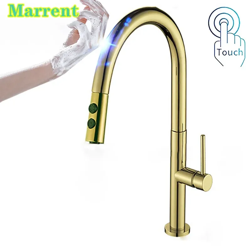 Touch Kitchen Mixer Faucets Hot and Cold Deck Mounted Gold Smart Sensor Kitchen Sink Faucet  with Pull Out Sprayer