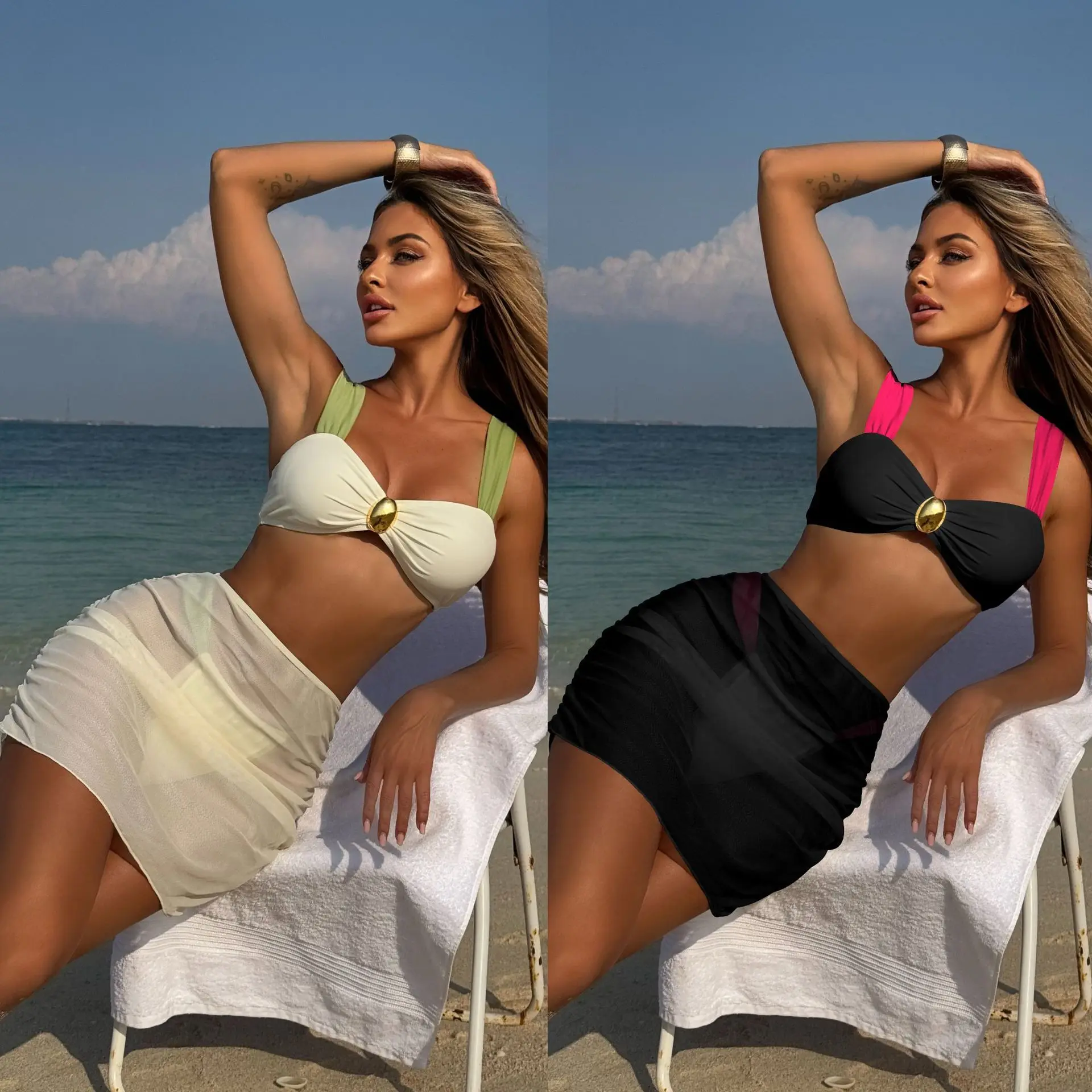 Nadanbao Women's White Black Patchwork Color Split Swimsuit Sexy Transparent Mesh Three-Piece Bikini Summer High Waist Beachwear