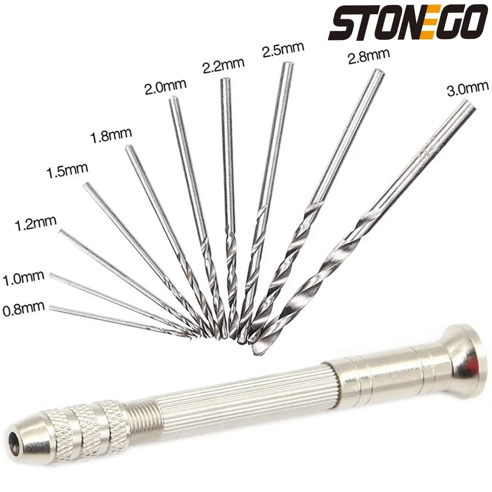 STONEGO 1 Set Mini Micro Hand Drill Kit Aluminum Alloy with Keyless Chuck and Twist Drill Bits for Tool Sets