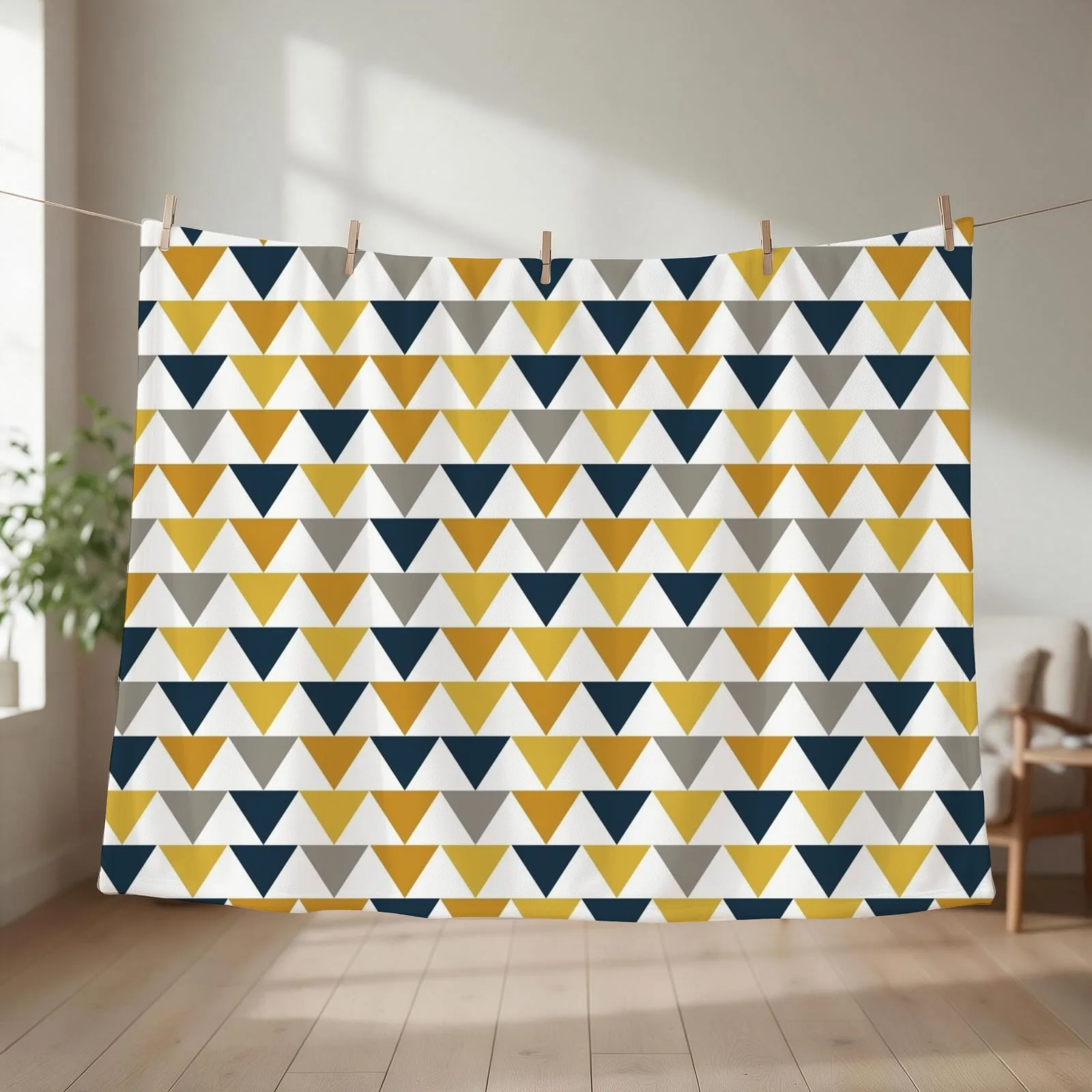 Arrows: Light Mustard Yellow, Dark Mustard Yellow, Dark Blue, Grey, and White Geometric Pattern Throw Blanket
