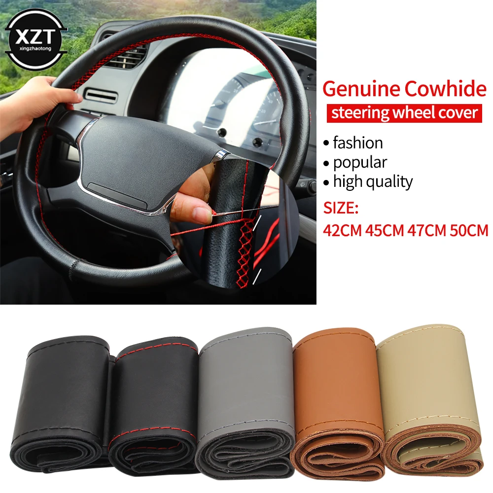 Genuine Leather 42/45/47/50CM Passenger Car Steering Wheel Cover Hand-stitched Car Handle Cover for Truck Passenger Car Van