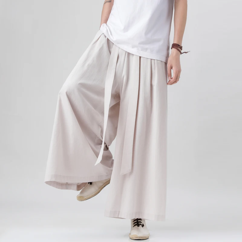 2023 Chinese Style Harajuku Linen Cotton Linen Pants Man Japanese Kimono Pants Male Streetwear Summer Retro Wide-Leg Trousers