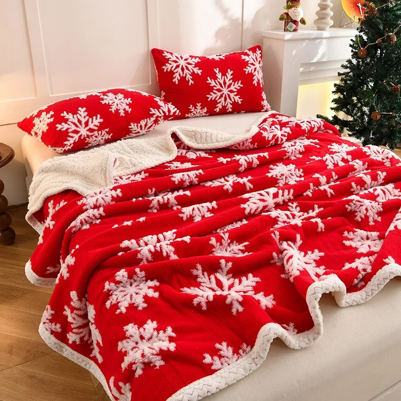 2026 New Christmas Snowflake Fleece Blanket Double Layer Thick Warm Throws Blankets for Sofa Bed SpringAutumn Faux Wool Blanket