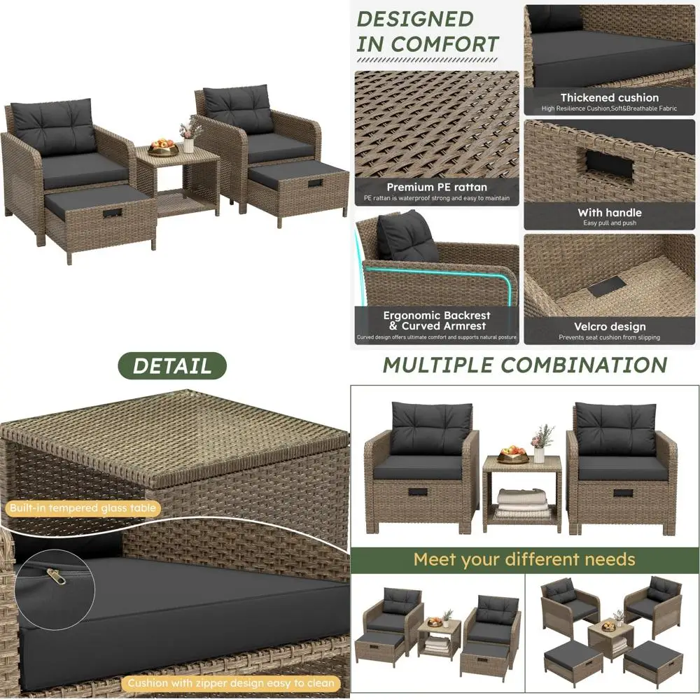 

Комплект мебели для патио из 5 предметов: зона бесед из ротанговой ткани с мягкими стульями и журнальным столиком для использования на открытом воздухе