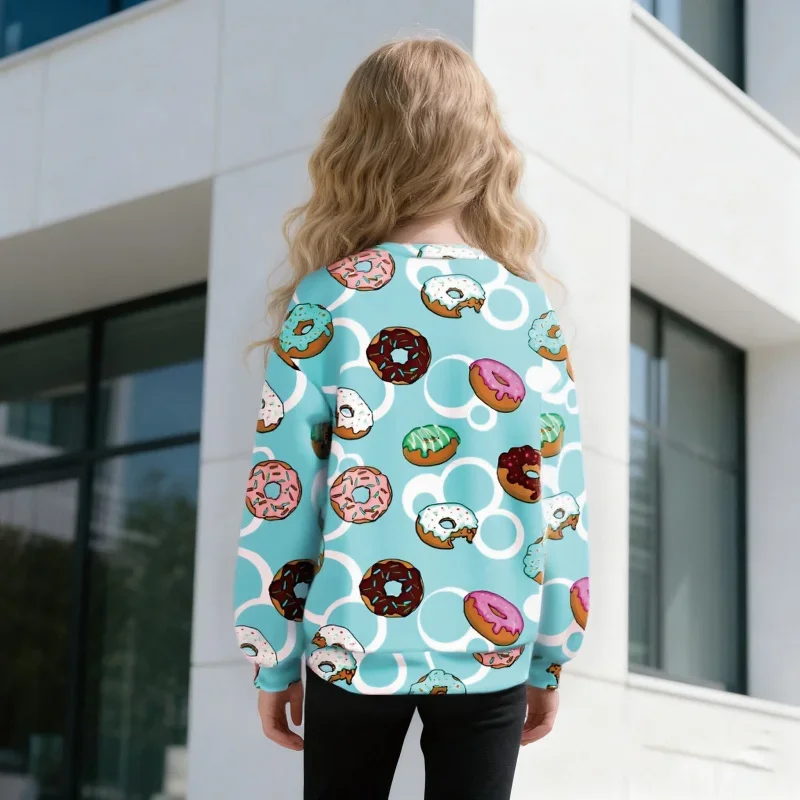 2025 Popular Cute Donut Print Kids Sweatshirt - Girls' Long Sleeve Casual Fashion Pullover with Cartoon Food Pattern