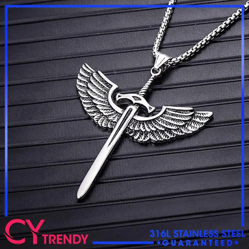

Vintage Mens Archangel Michael Angel Wing Sword Pendant Stainless Steel Necklace Chain Accessories Free Shipping Items