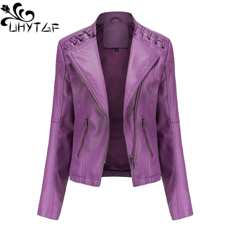 

UHYTGF Jacket Women's High-End PU Leather Coat Female Zipper Slim Biker Spring Autumn Leather Coat Women's Short Outerwear 411