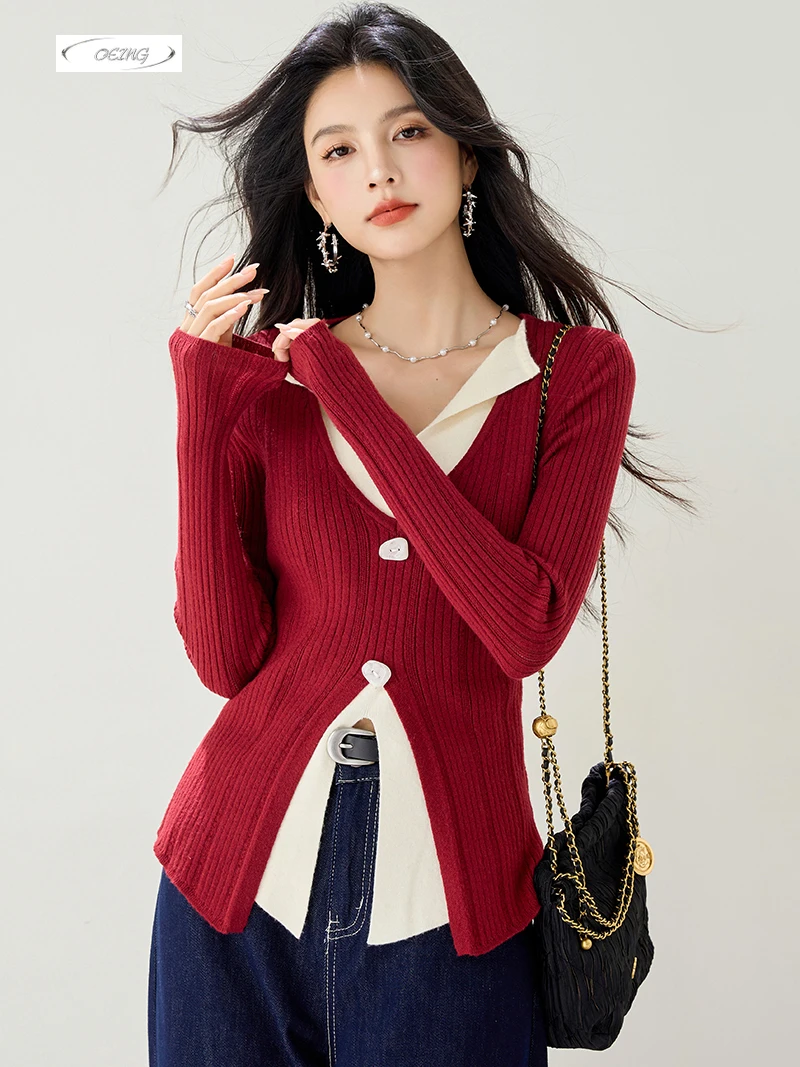 

Fashion Spliced V-neck Long Sleeve Slim Sweater for Women Elegant Sweet Slim Casual Y2K Knitted Pullover Tops Knitwear 4192