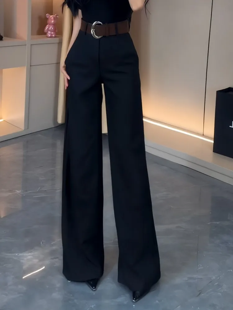 

Черные расклешенные брюки с высокой талией для женщин, осенние модные брюки больших размеров, прямые брюки для похудения