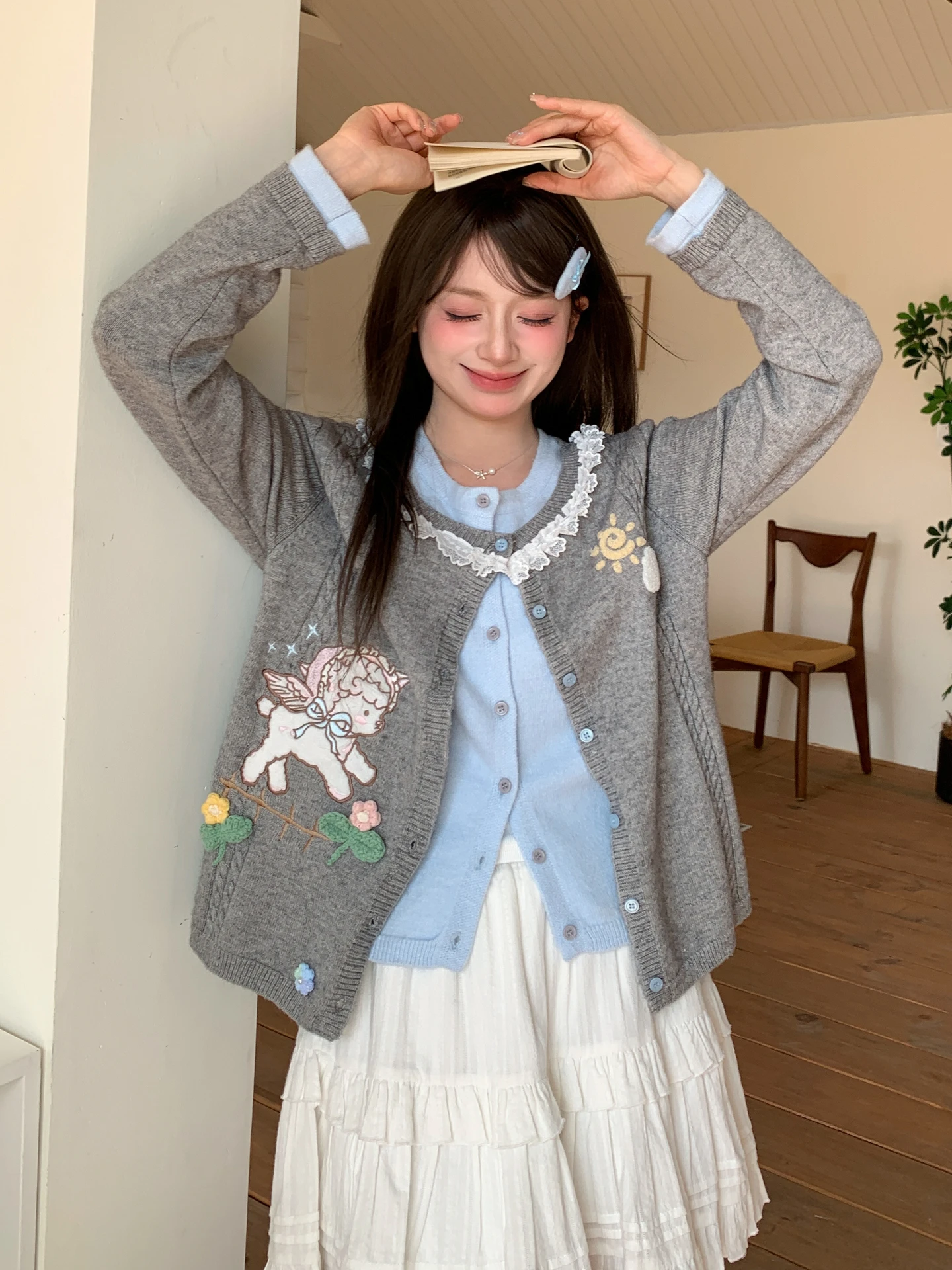 

Sweet Embroidered eep Knitted Open Cardigan Women's Loose Fit Spring Sweater Two-Piece Sle Comfortable Breathable Casual