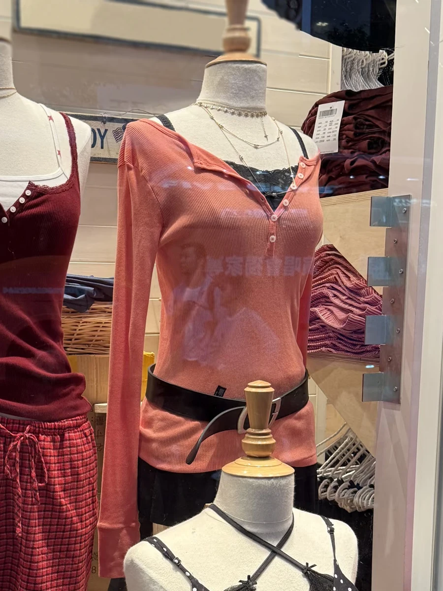 

Оранжевые футболки с длинными рукавами и шестью пуговицами, женские хлопковые тонкие футболки с круглым вырезом, женские новые модные уличные футболки, топы в рубчик