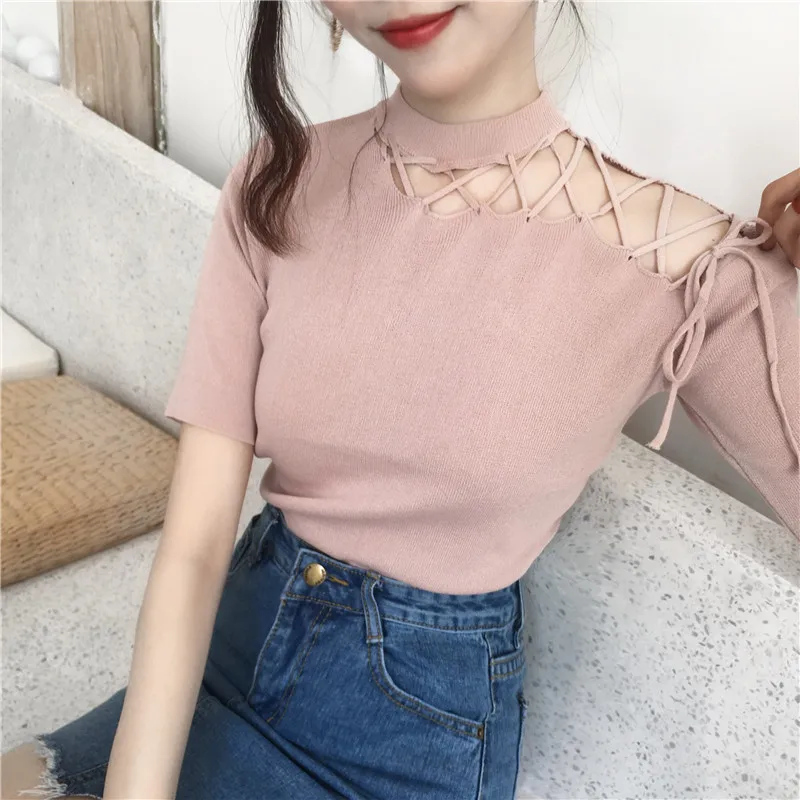 Korean Chic Hollow Out Bandage Short Sleeved T-shirt Women\'s Summer Round Neck Pullover Solid Color Slim Fit Knitted Bottom Tops