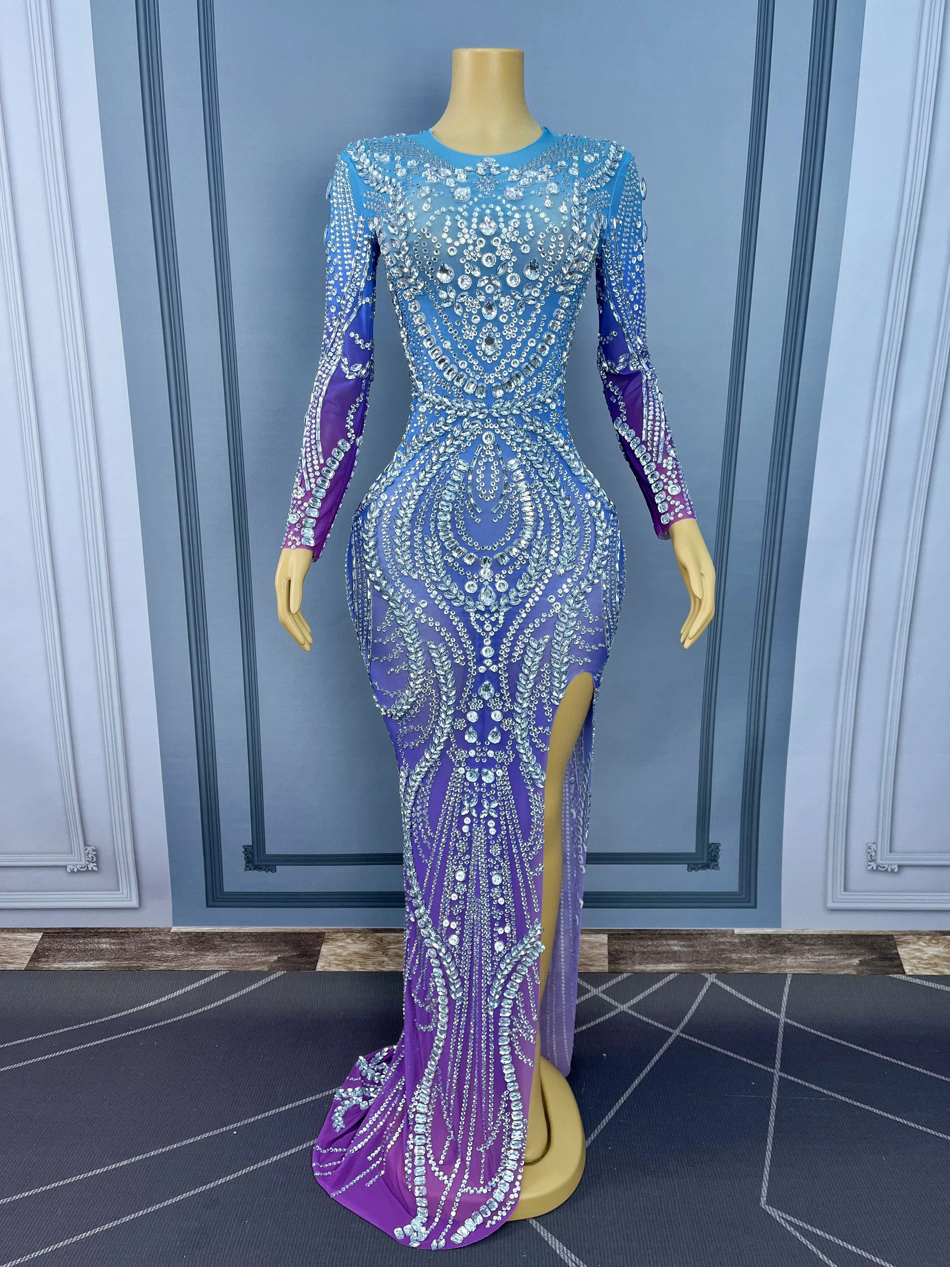 夢のようなグラデーションカラー輝くシルバーラインストーントリムフィットスプリットドレス女性パーティーイブニングドレスレッドカーペットステージ衣装 Fuling