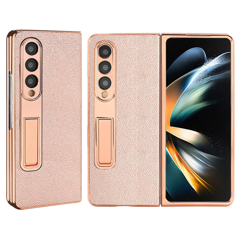 Vietao-Golden Plated Phone Case for Samsung Galaxy Z, Fold 3, 5G, 4, 5, Luxury Leather Cover with Hidden Bracket