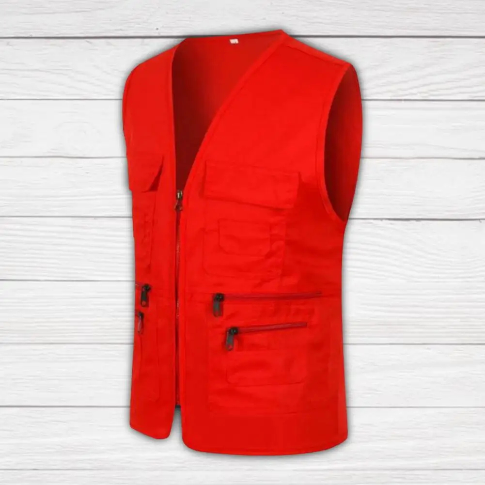 Men Vest Jacket Solid Color Multiple Pockets Zipper Unisex Sleeveless Camping Work Clothes V Neck Outdoor Waistcoat Adult Clothe