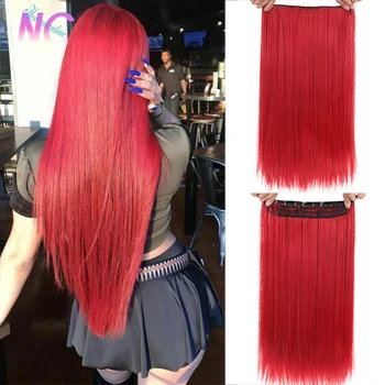 60CM syntetyczne naturalne dopinki włosów Clip-on włosy czerwone proste dopinki na klips sztuczne włosy Cabello