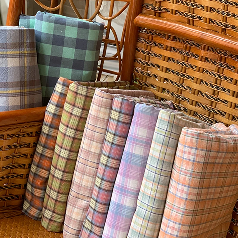 100% Cotton Washed Plaid Fabric Soft Skin-friendlyby The Meter for Bedding Sofa Quilt Cover DIY Sewing Thin Cloth Orange Green