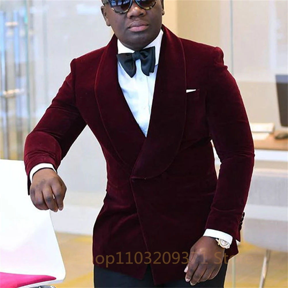 1 PieceBurgundy Velvet Suit Blazer for Men Black Shawl Lapel  Jacket Wedding Groom Tuxedos Slim Fit Costume Homme Mariage 2024