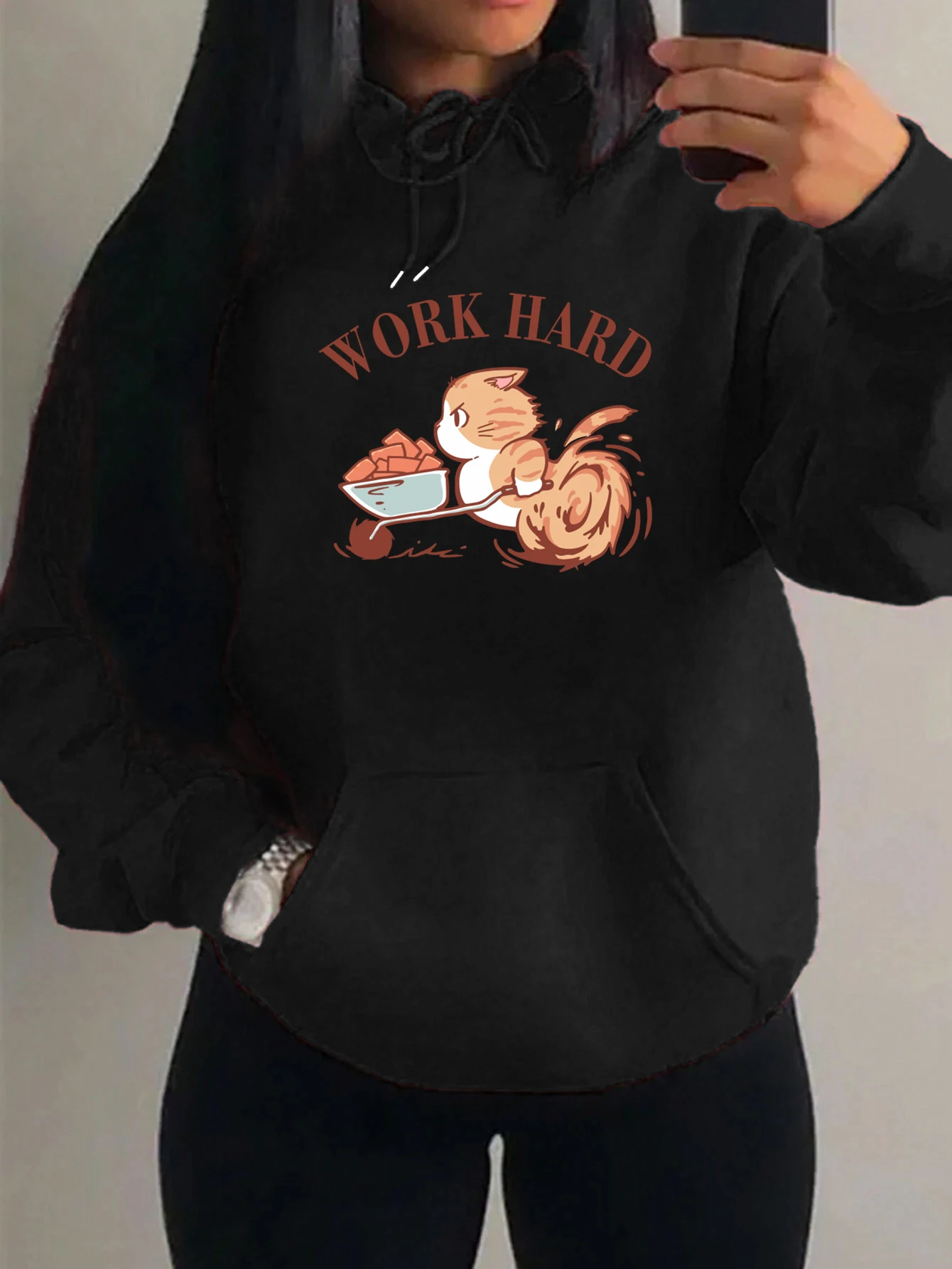 Work Hard Fighting Cat Cartoons Design Women Hoody Fashion Fleece Hoodie Autumn Y2K Pocket Pullover Multicolor Unisex Streetwear