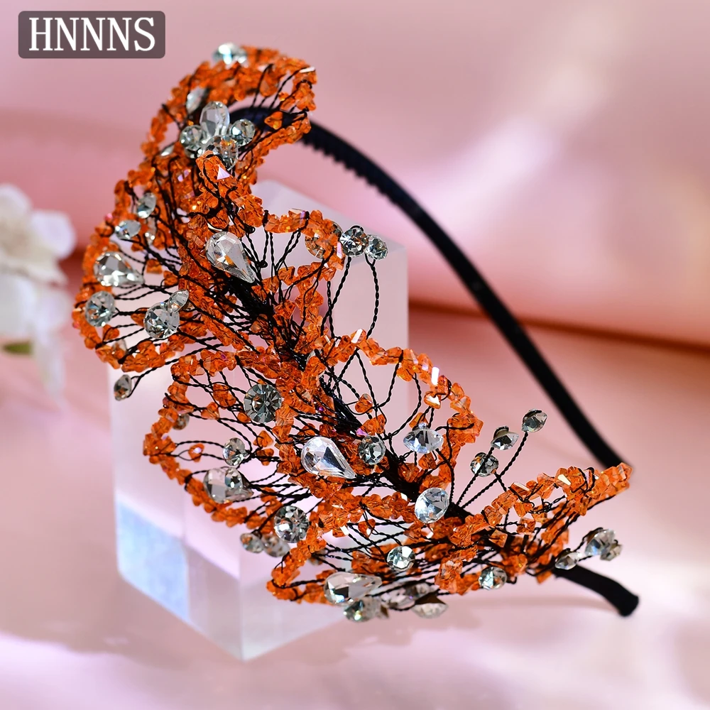 

HNNNS Orange Crystal Headband Handmade Leaves Headdress Sweet And Fashion Headpiece Evening Banquet Prom Hair Accessories A186