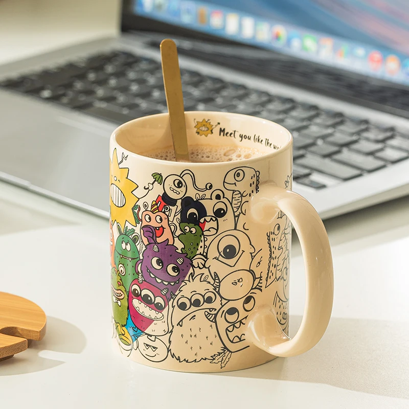 

American Graffiti Ceramic Mug, Cartoon Personality Design Coffee Mugs, Breakfast Milk Cups with Lid Spoon, Holiday Gift Tea Cup